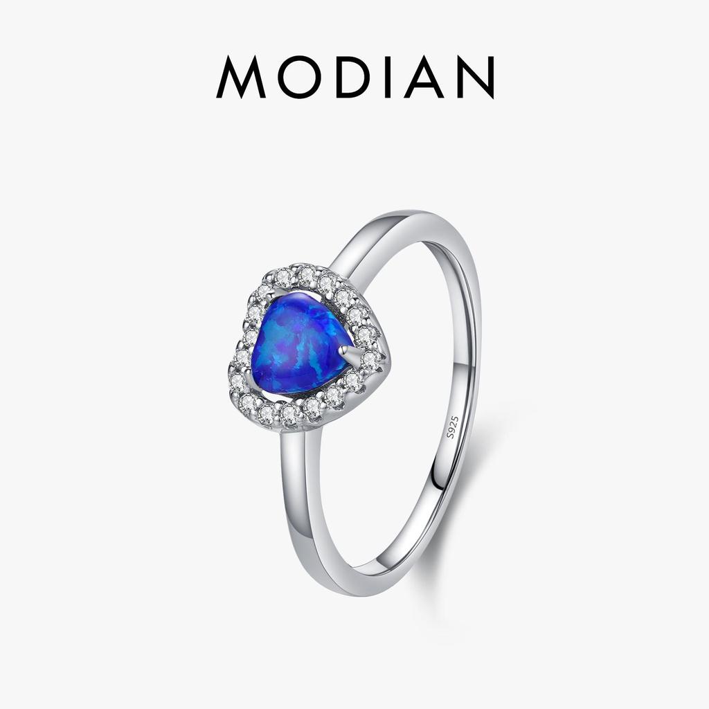 MODIAN 925 Sterling Silver Charm Exquisite Vintage Blue Heart Opal Ring Romantic Retro Anniversary Gift For Women Fine Jewelry