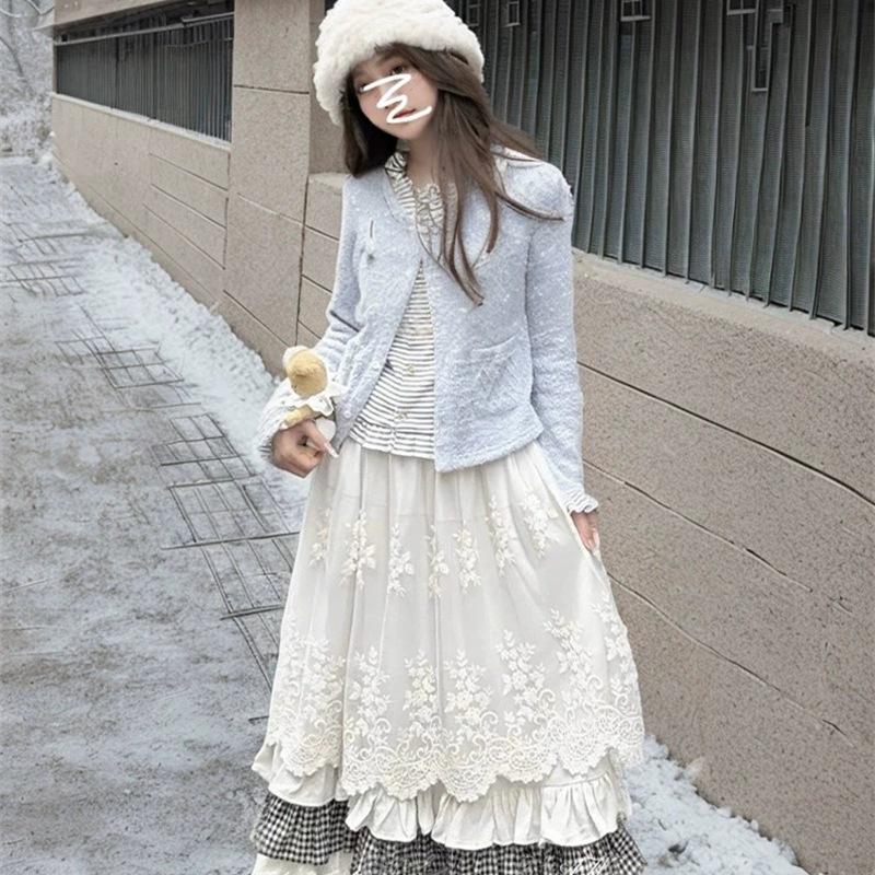 Forest Lace Plaid Patchwork Midi Skirt – Chic Spring/Autumn Design for Women
