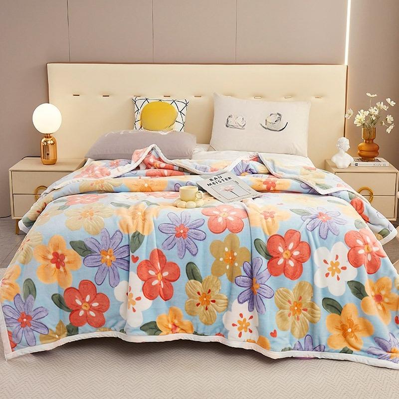 Thicken and Warm Plush Blanket Napping Flannel Blankets Active Printing and Dyeing Thin Quilt Floral Style Warm Bedspreads Large Size Bedclothes
