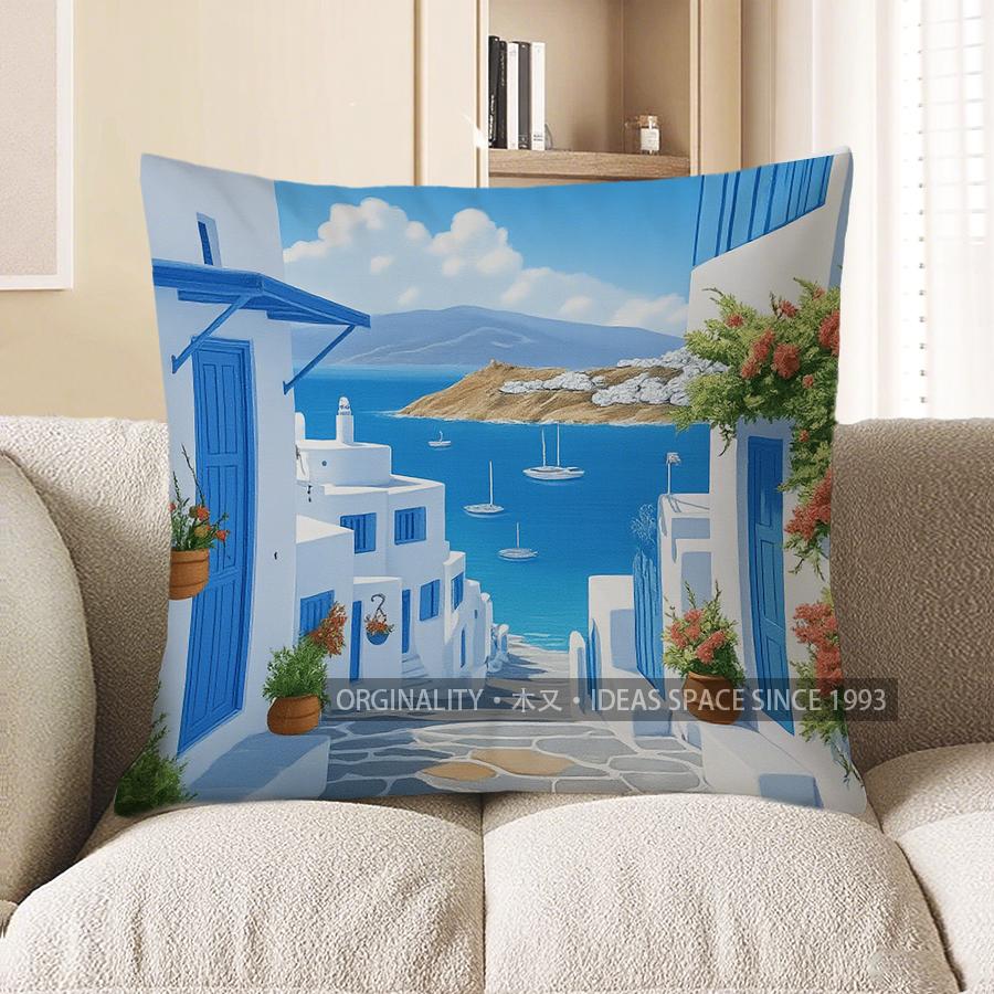 Home Decor Greek Island Scenery Printed Pillow Cover Pattern Cushion Cover Suitable For Sofa Bedroom Car Pillow Cover