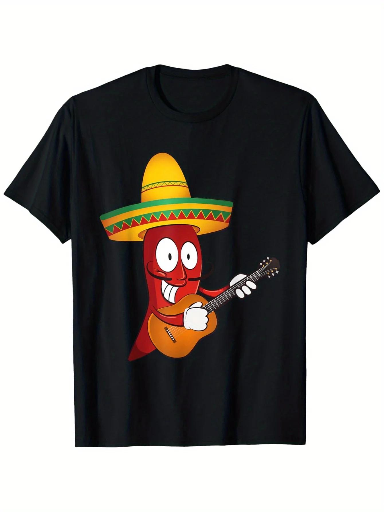 Funny Chili Pepper Guitar Sombrero Graphic TShirt Unisex Short Sleeve Crewneck Cotton Tee S