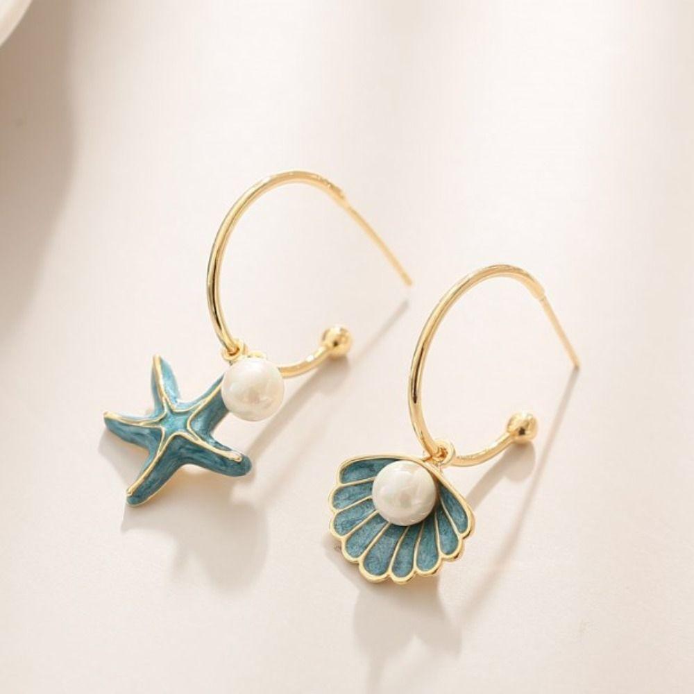 Blue Pearl  Earrings Zinc Zinc Alloy Dangle Earrings Drip Glaze Ear Accessories  Beach Party