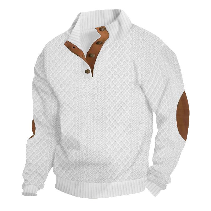 Men's Autumn/Winter Jacquard Knit Pullover Sweatshirt with Standing Collar and Leather Elbow Patches