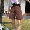 Brown Denim Shorts Women's Summer Thin Style American Retro Niche High Waist Slimming Straight Leg Wide Leg Five Quarter Pants
