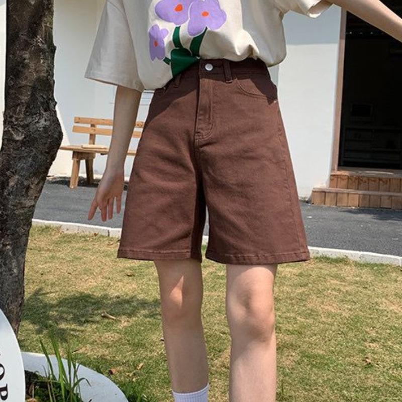 Brown Denim Shorts Women's Summer Thin Style American Retro Niche High Waist Slimming Straight Leg Wide Leg Five Quarter Pants