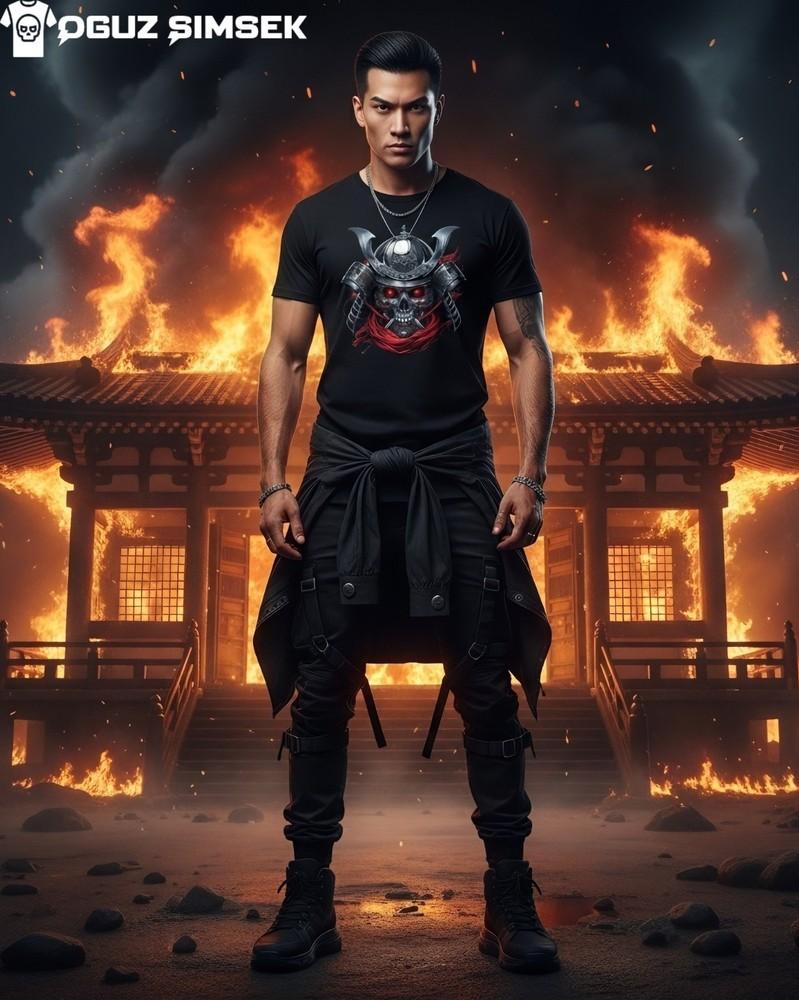 

Красная футболка с головой черепа самурая – Японская маска воина, городская графическая футболка 4XL