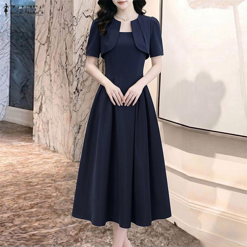 ZANZEA Women Elegant Casual Round Neck Short Sleeve A-line Dress