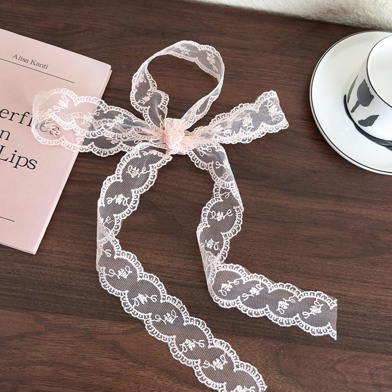 Pink Lace Flowers Long Strip Silk Scarf Headbands Bow Hair Rope Womans Girls Sweet Tie Hair Turban Ribbon Lady Headdress Fashion