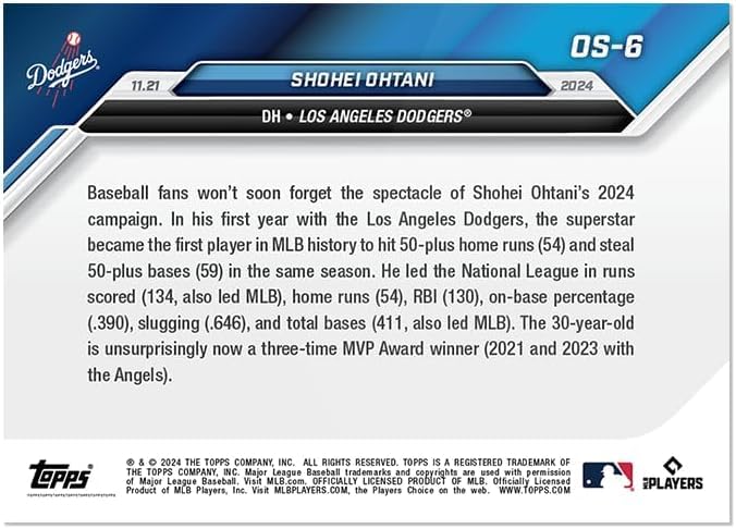 Shohei Ohtani NL MOST VALUABLE PLAYER AWARD WINNER Dodgers 2024 #OS06 MVP!