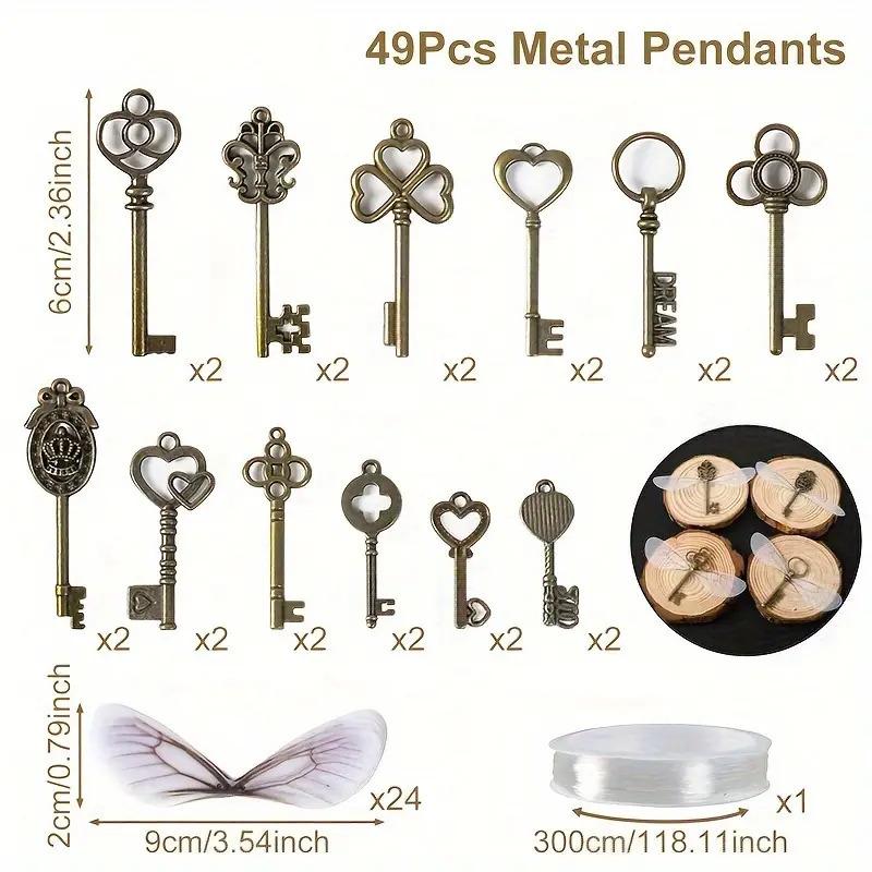 25/49Pcs Vintage Antique Filigree Keys With Dragonfly Wings DIY Realistic Effect For Room Christmas Wedding Party Decoations