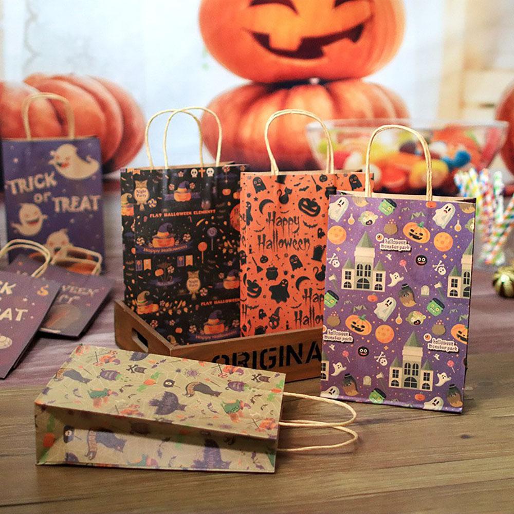 Borsa Tote di Carta Kraft per Halloween Zucca Fantasma Castello Borsa Retrò Confezione Caramelle Snack Borsa Regalo