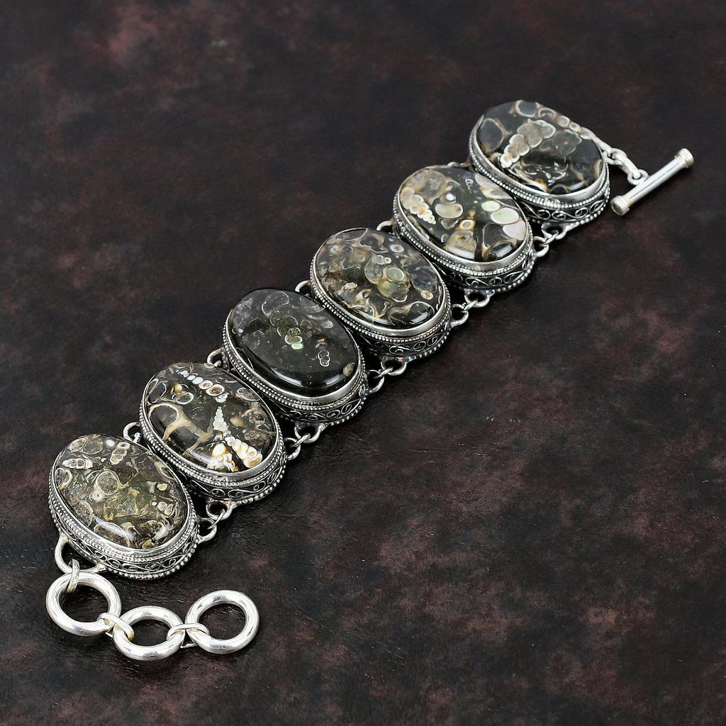 Turritella Agate Bracelet Vintage Bracelet 925 Sterling Silver Bracelet Handmade Gemstone Jewelry Adjustable Chain Bracelet Gift For Mother