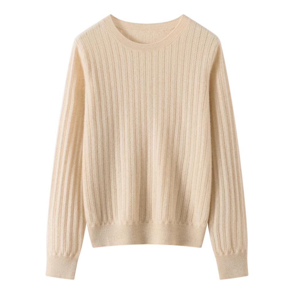 Women's Pure Cashmere Vertical Stripe Hollow Round Neck Sweater - Autumn/Winter 12-gauge Single-ply