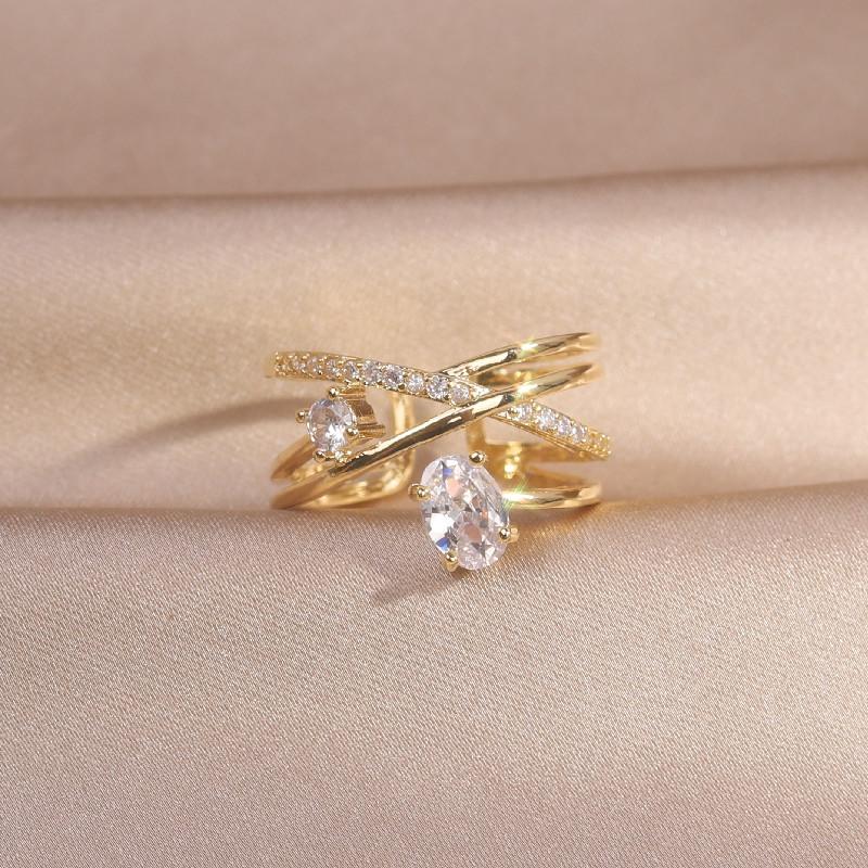 Korea  Design Fashion Jewelry 14K Real Gold Plating Multilayer Zircon Ring Elegant Women's Opening Adjustable Ring