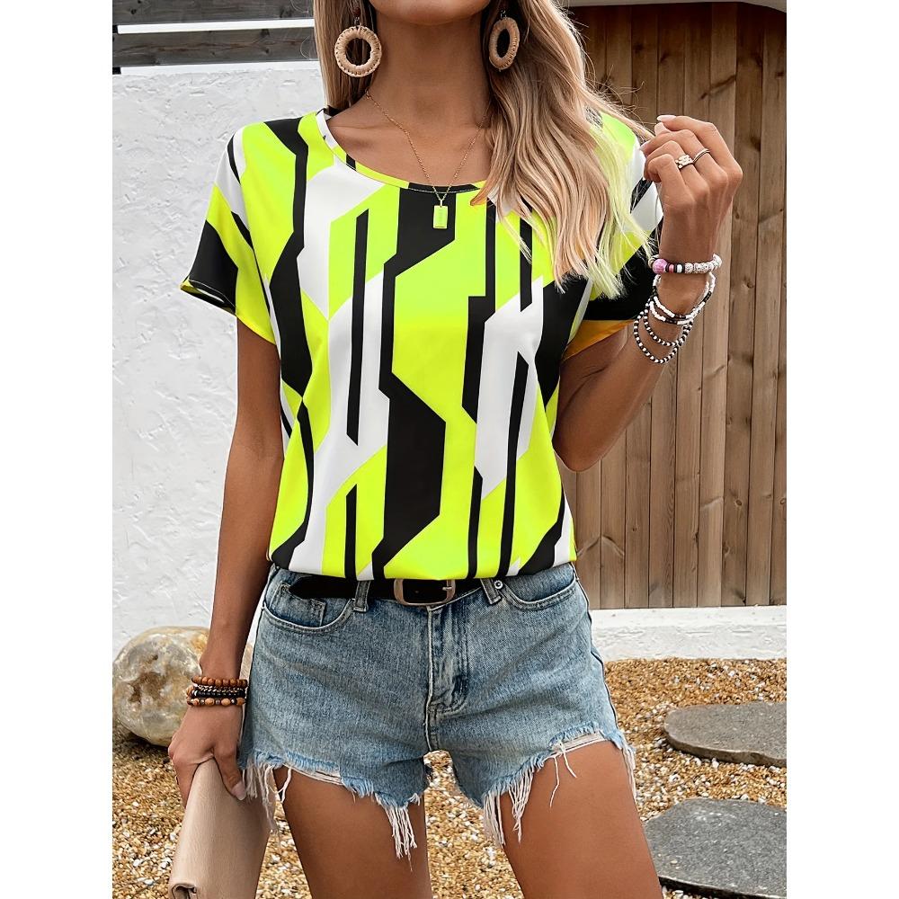 

Футболка женская летняя повседневная элегантная темпераментная круглая горловина короткий рукав геометрический узор топ свободная повседневная одежда женская футболка XL