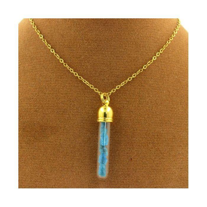 Pierres et Minéraux. Collier Apatite bleu neon brut. Modèle tube. Couleur Or.