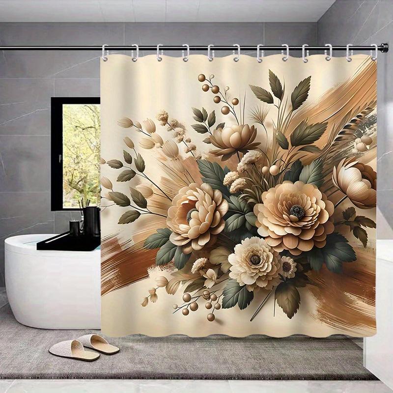 Water-Resistant Floral Shower Curtain Set With 12 Hooks, Non-Slip Bathroom Rugs, Toilet Seat Cover, Decorative Woven Polyester