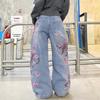 New Women's Straight Leg Embroidered Jeans - European & American Street Style, Non-Stretch, Hot Item