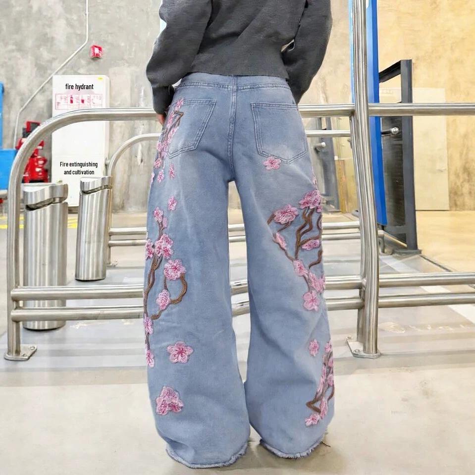 New Women's Straight Leg Embroidered Jeans - European & American Street Style, Non-Stretch, Hot Item