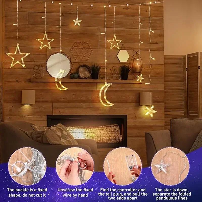 LED Solar/Battery Star Moon Fairy String Lights Waterproof Curtain Lamp with 8 Modes Timer Remote for Outdoor Home Party Decor