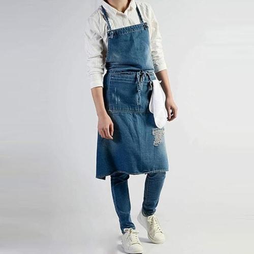 JOYAIYI Stylish Denim Apron, Cafe Apron, 100% Cotton Denim, Bib Cover, Neck Strap, Easy to Put On and Take Off, Perfect for Cooking Classes, Unisex, W