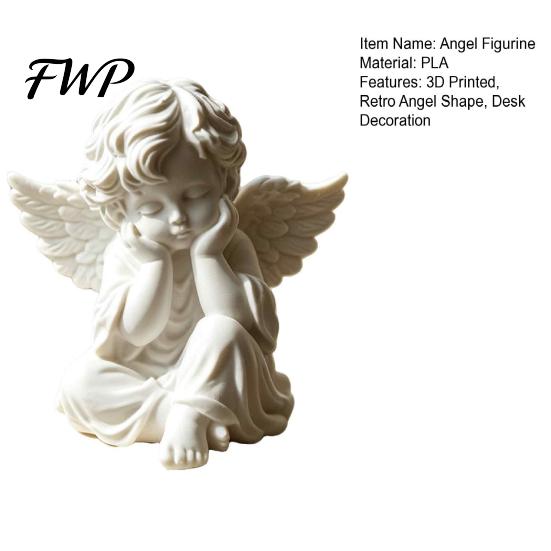 Guardian Angel Statue 3D Printed Retro Figurine, Holding Chin Statue, Matte Ornament White Sculpture for Home Office Desk Decor Outdoor