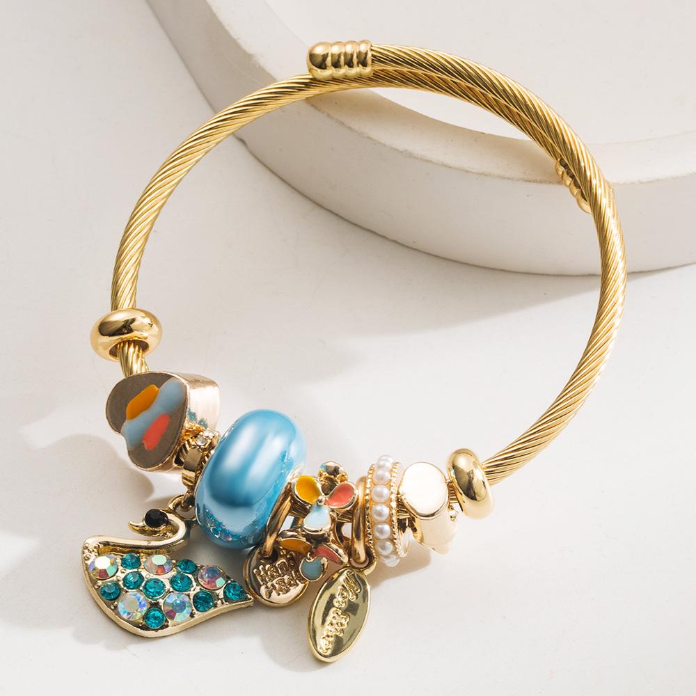 Gold Alloy Inlaid Swan Pendant Bracelet Fashionable Personality Versatile Adjustable Bangle for Women