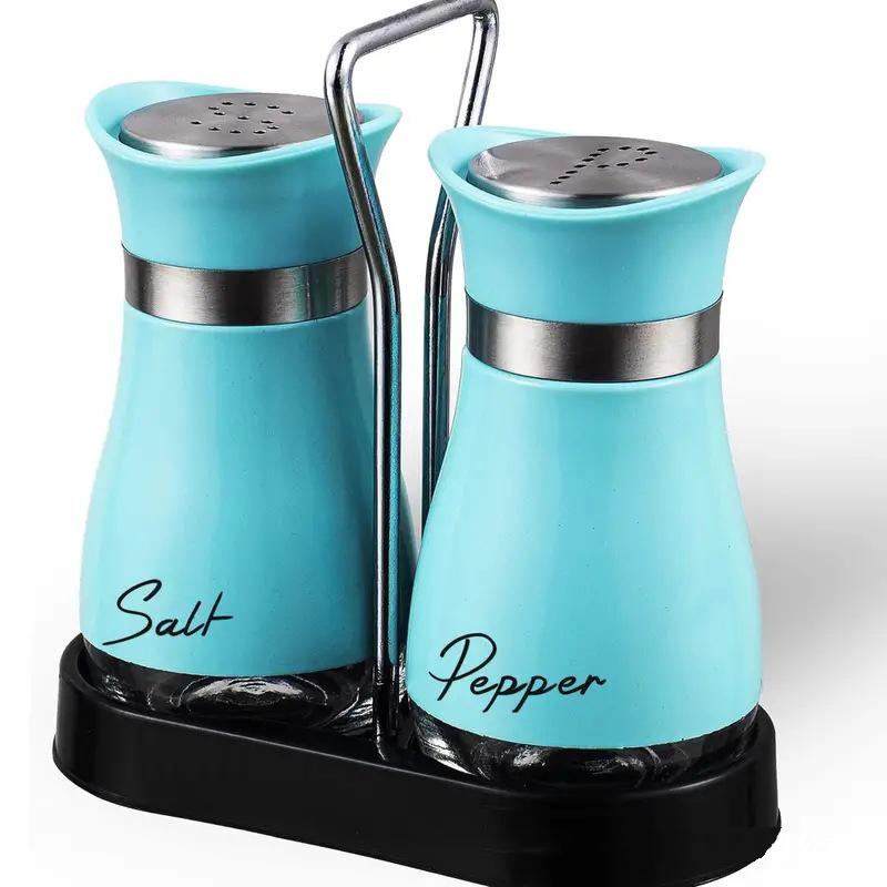 

A Set Of Pepper And Salt Seasoning Bottles, With A Shaking Stand Added Glass Base, Stainless Steel Lid, Refillable синій