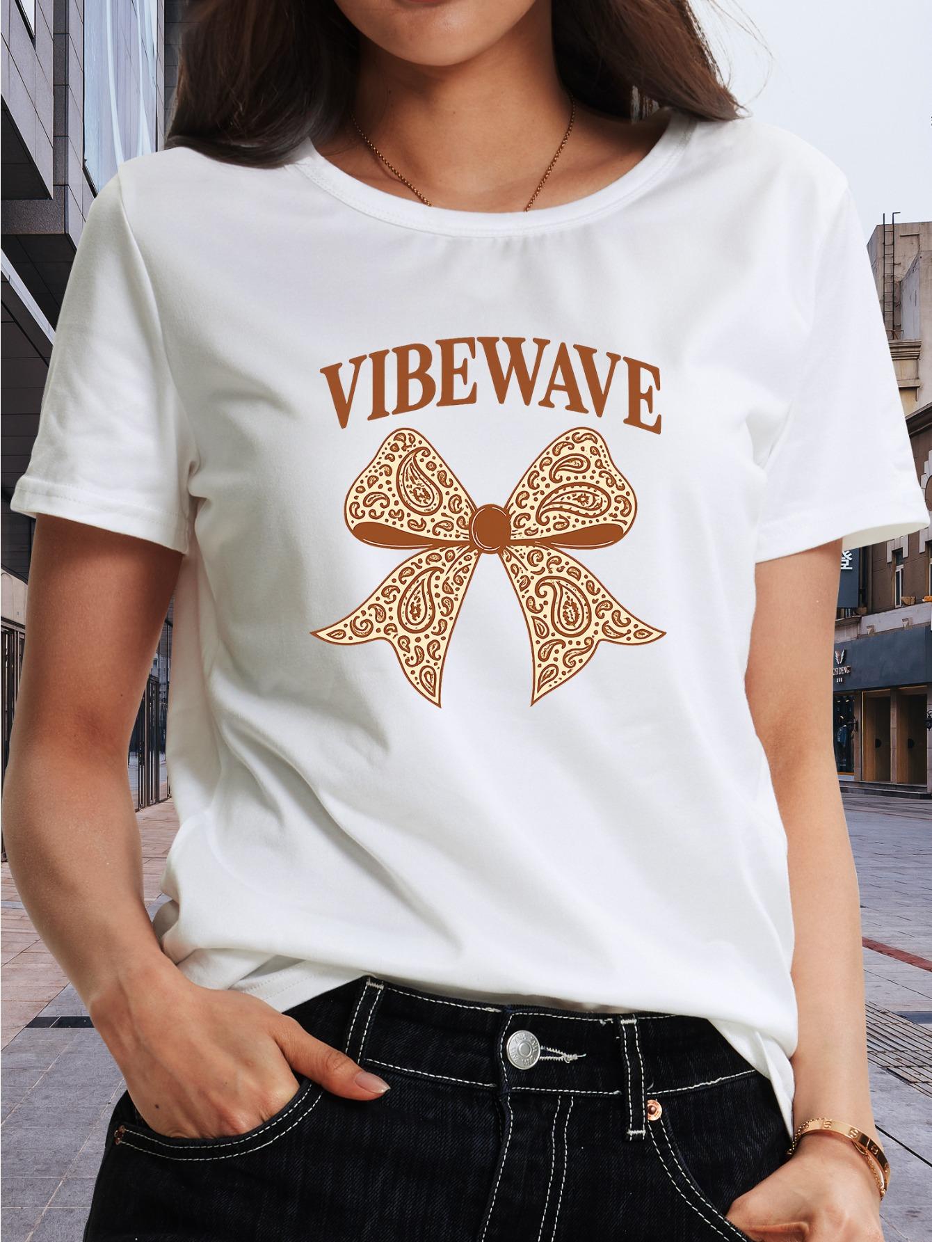 

Women S Bow VIBE WAVE Letter Print Short-sleeved Shirt Moderate Elasticity, Machine Washable, Crew Neck, Regular Fit, Summer 2026 New Style S белый