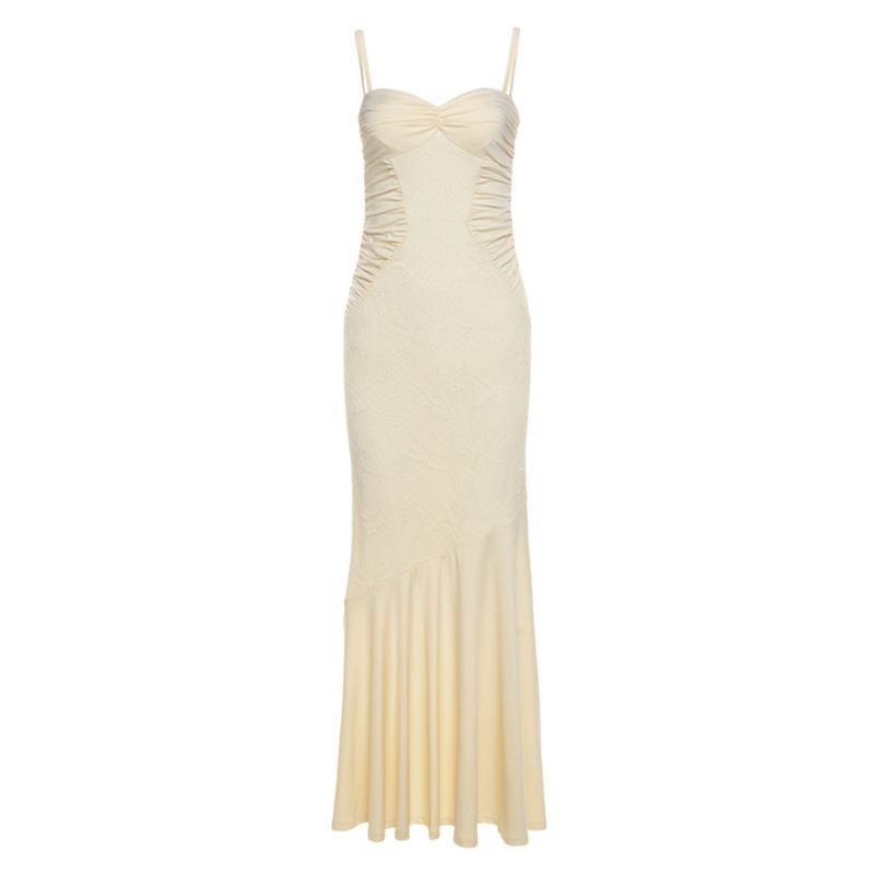 

French Camisole Lace Pleated Dress French Strap Lace Ruched Dress Apricot color L