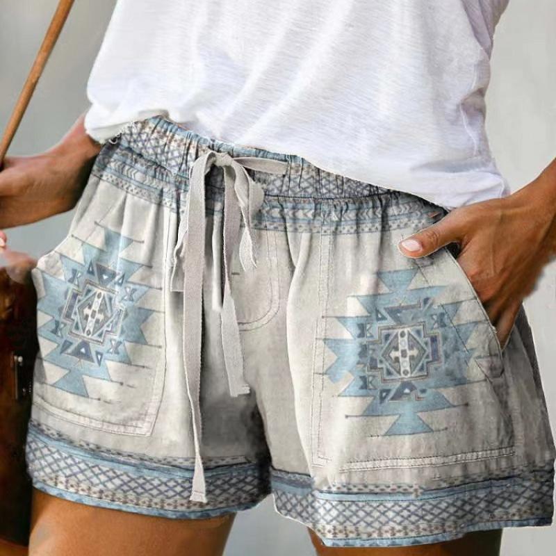 Women's Summer Trendy  Elastic Shorts Waistband Sweat Absorbing Thin Retro Print Drawstring Loose Shorts