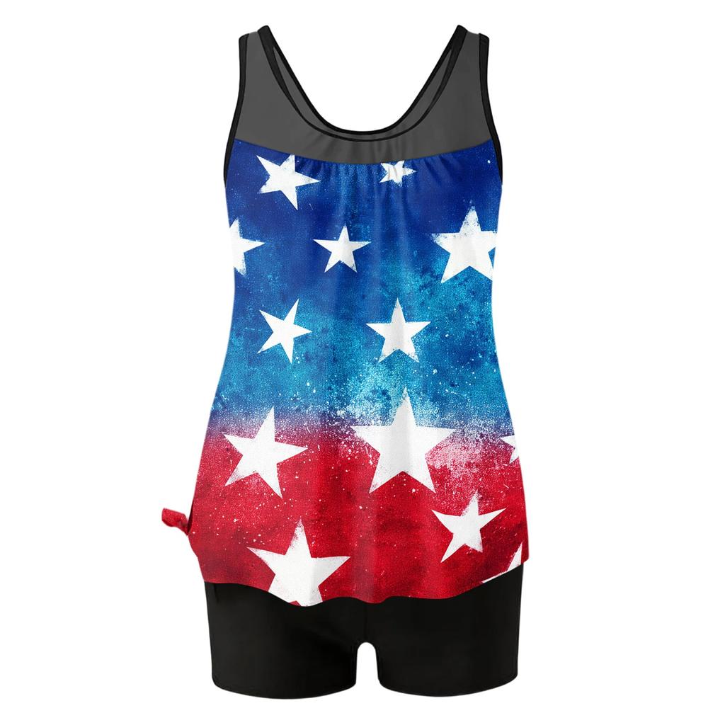 Women’s Sleeveless Tankini Swimsuit Set with Star Print Loose Fit Top and Swim Shorts for Outdoor Activities