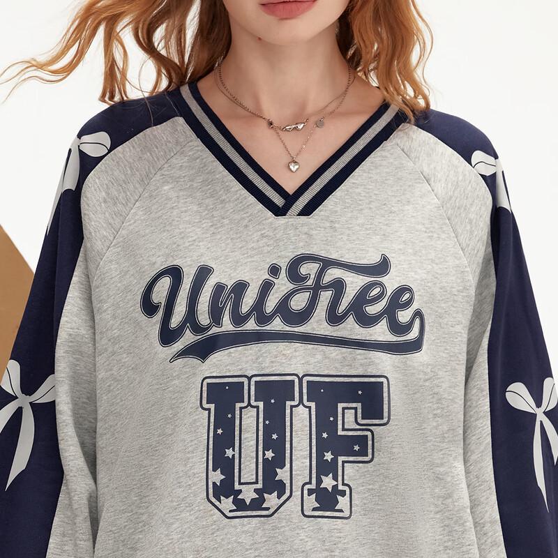 UNIFREE Women's American Retro Color-block V-Neck Sweatshirt