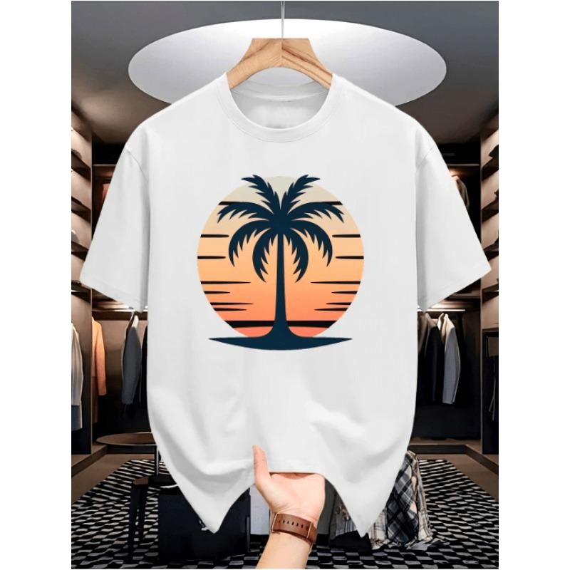 Men S Tropical Palm Tree Sunset Print T-Shirt - Breathable Soft Fabric, Relaxed Fit Round Neck, Black Orange Blue Palm Tree Design for Surfing S белый