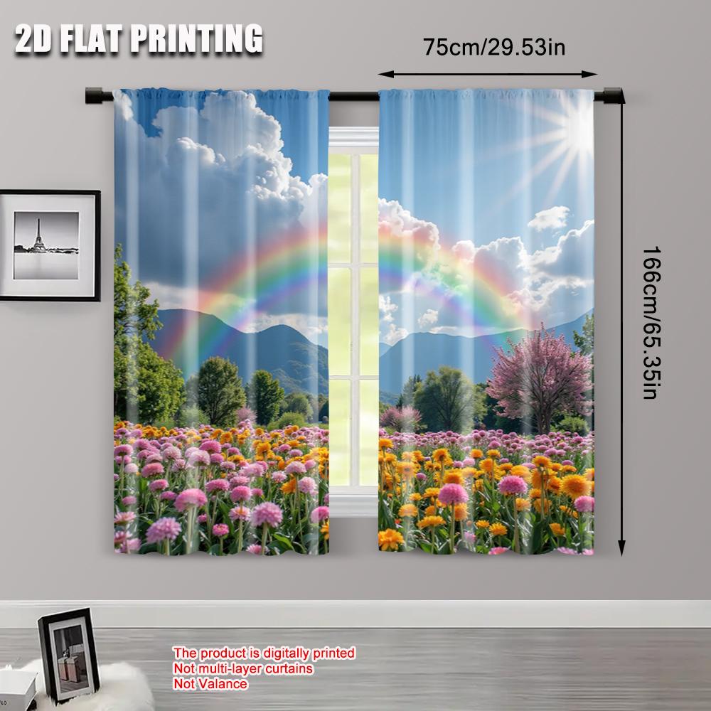 2pcs   2D flat printing Scene Curtain flower field Versatile Fabric  Without Electricity Festive Holiday for Window art_Party