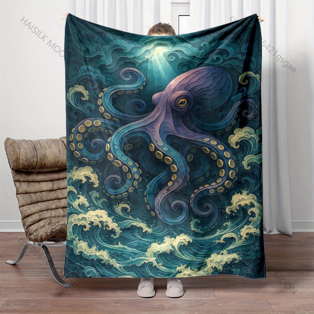 1PC Giant octopus waves light beam Print Blanket Flannel Material Soft Warm for All Seasons Home Outdoor Camping Picnics RV