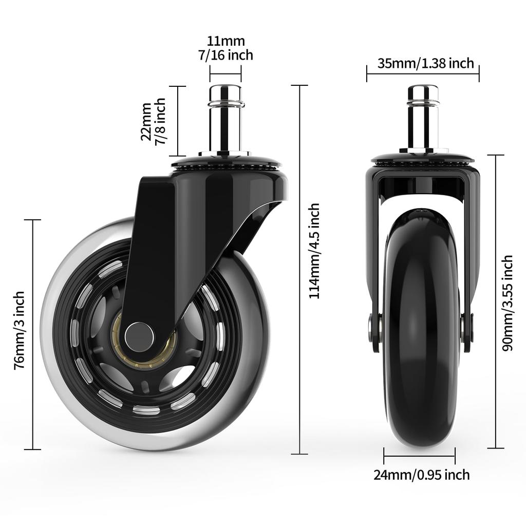 Polyurethan-Rollen, Stecktyp, 11 mm x 22 mm Achsdurchmesser (5er-Set), Universelle Ersatzrollen für Stühle, 360-Grad-Drehung, Leiser Lauf,