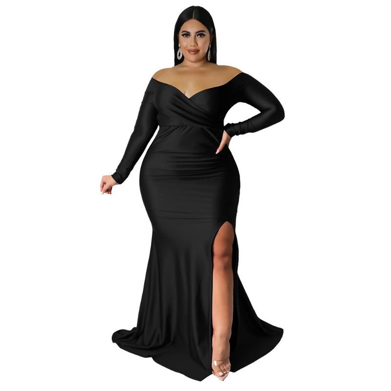 Plus Size Burgundy Off Shoulder Long Sleeve Ruched Split Mermaid Maxi Dress