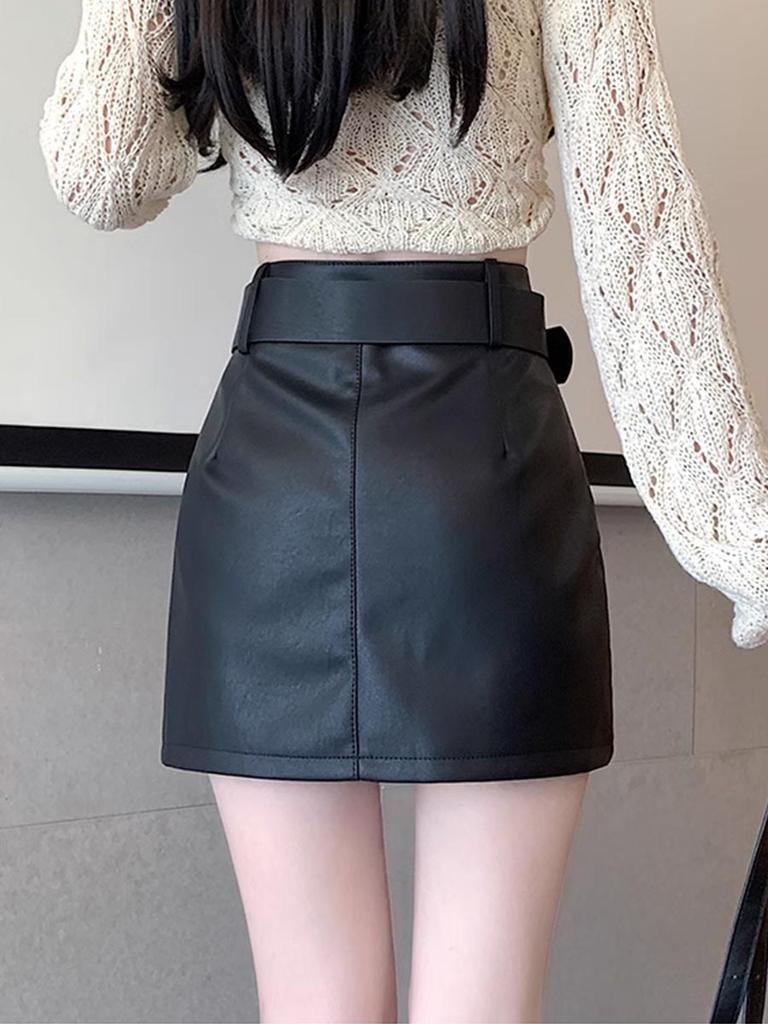 Vintage Pu Leather Skirt for Women Spring Autumn High Waist A- Line Package Hip Shorts Skirt Y2k Korean Fashion Clothing