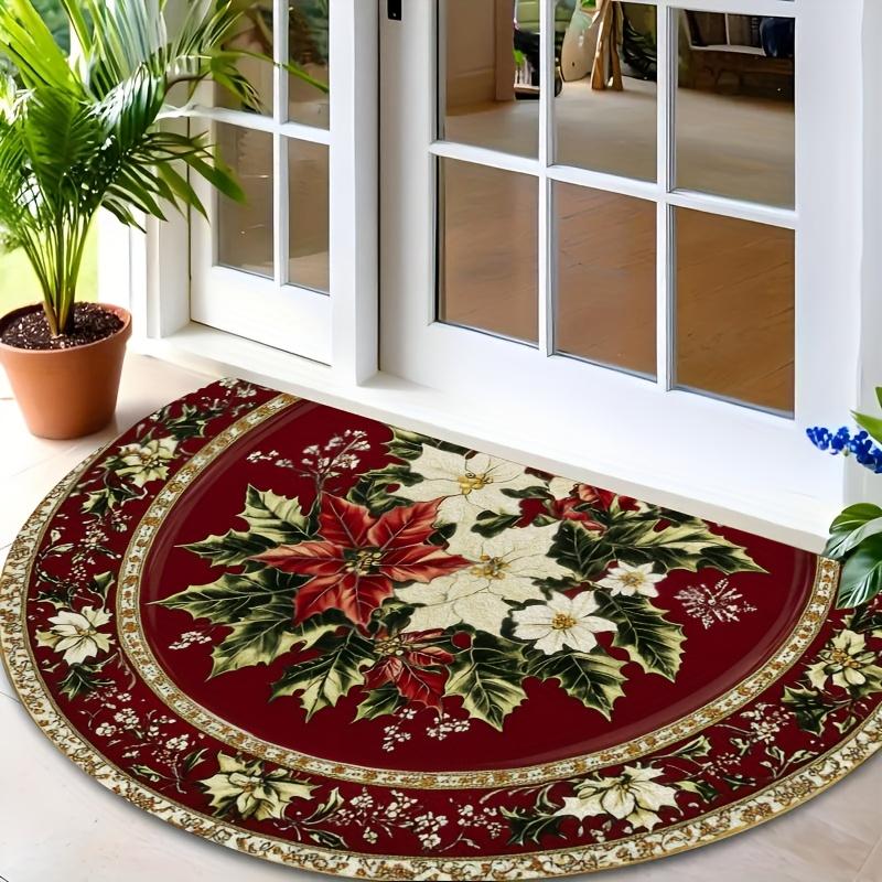 1Pcs Poinsettia Holly Semi Circle Welcome Doormat Non-Slip for Outdoor Patio Porch Kitchen Bathroom Entryway Floor Mat
