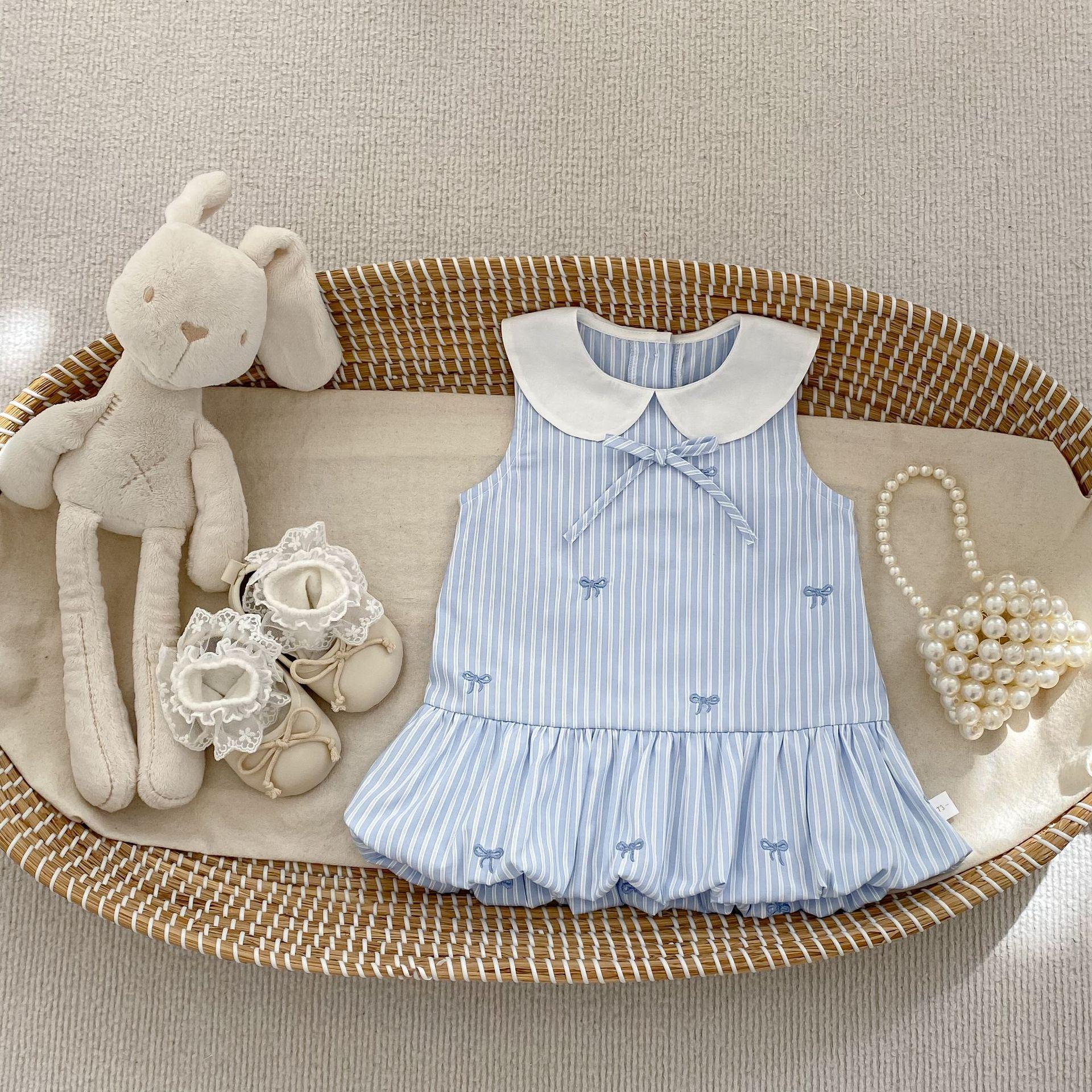 Girls Summer Sleeveless Dress with Bow Embroidery A-Line Striped School 73