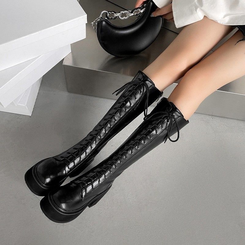 New autumn and winter knight boots women's thick-soled small medium-length velvet Martin boots tall white locomotive boots