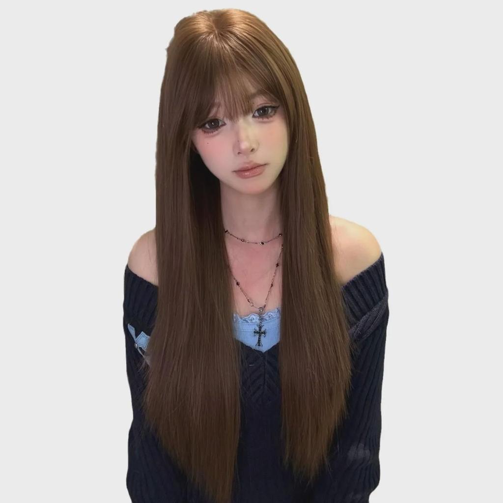 Yuan Yang Honey Tea Linen Long Straight Wig - Realistic, Fluffy, and Natural-Looking Bangs for Women.