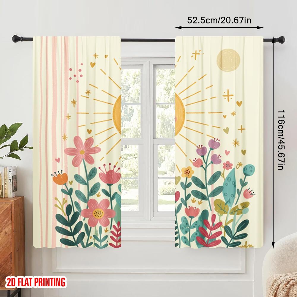 2pcs 2D Flat Printing Window Curtains Cute Sun Flower Starlight Polyester Without Electricity All Season Party & Holiday Decor