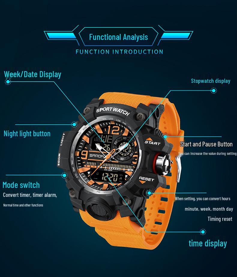 Sanda Koreański Trend Wielofunkcyjny Luminous Wodoodporny Zegarek dla Nastolatków i Dorosłych