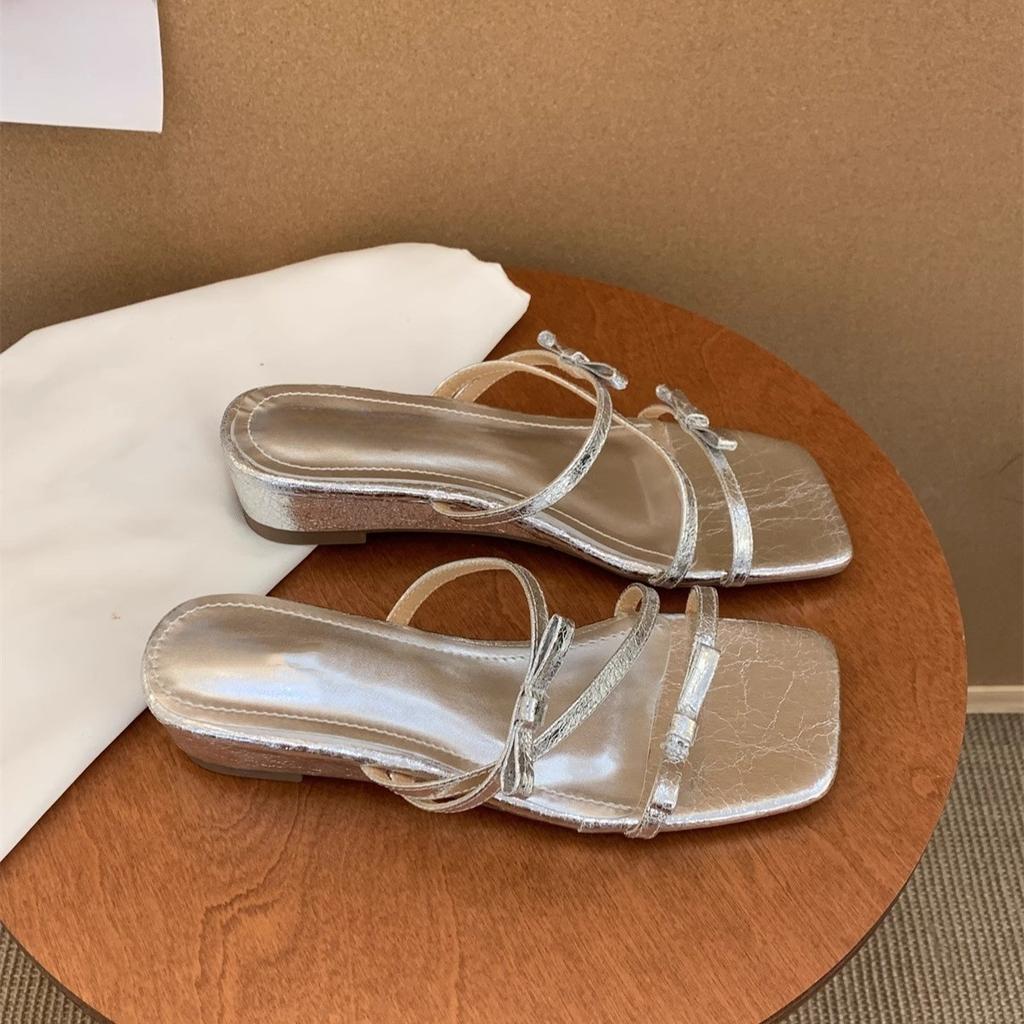 Wedge Heel Slippers Women's New Temperament Bow One-word Sandals Fairy Thick-soled Beautiful Sandals