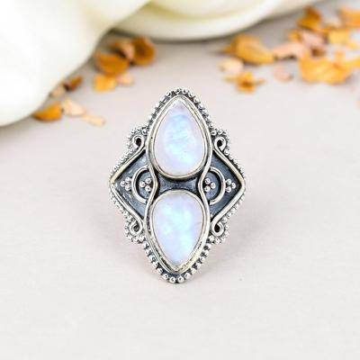 Rainbow Moonstone 925 Sterling Silver Pear Gemstone Boho Style Handmade Ring For Women