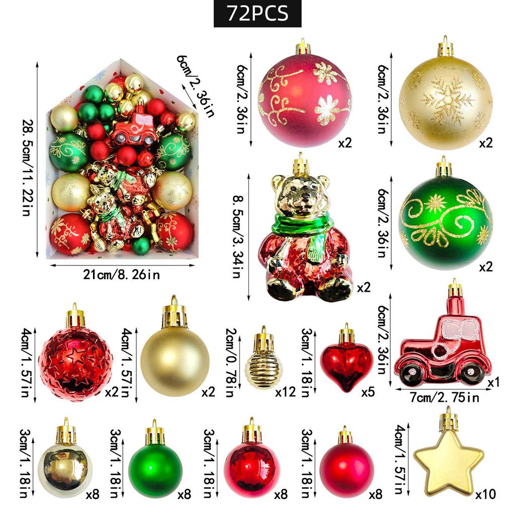 72-Piece Christmas Tree Decorations Set: Houses, Gift Boxes, Snowmen, Sleigh, and Painted Plastic Ornaments