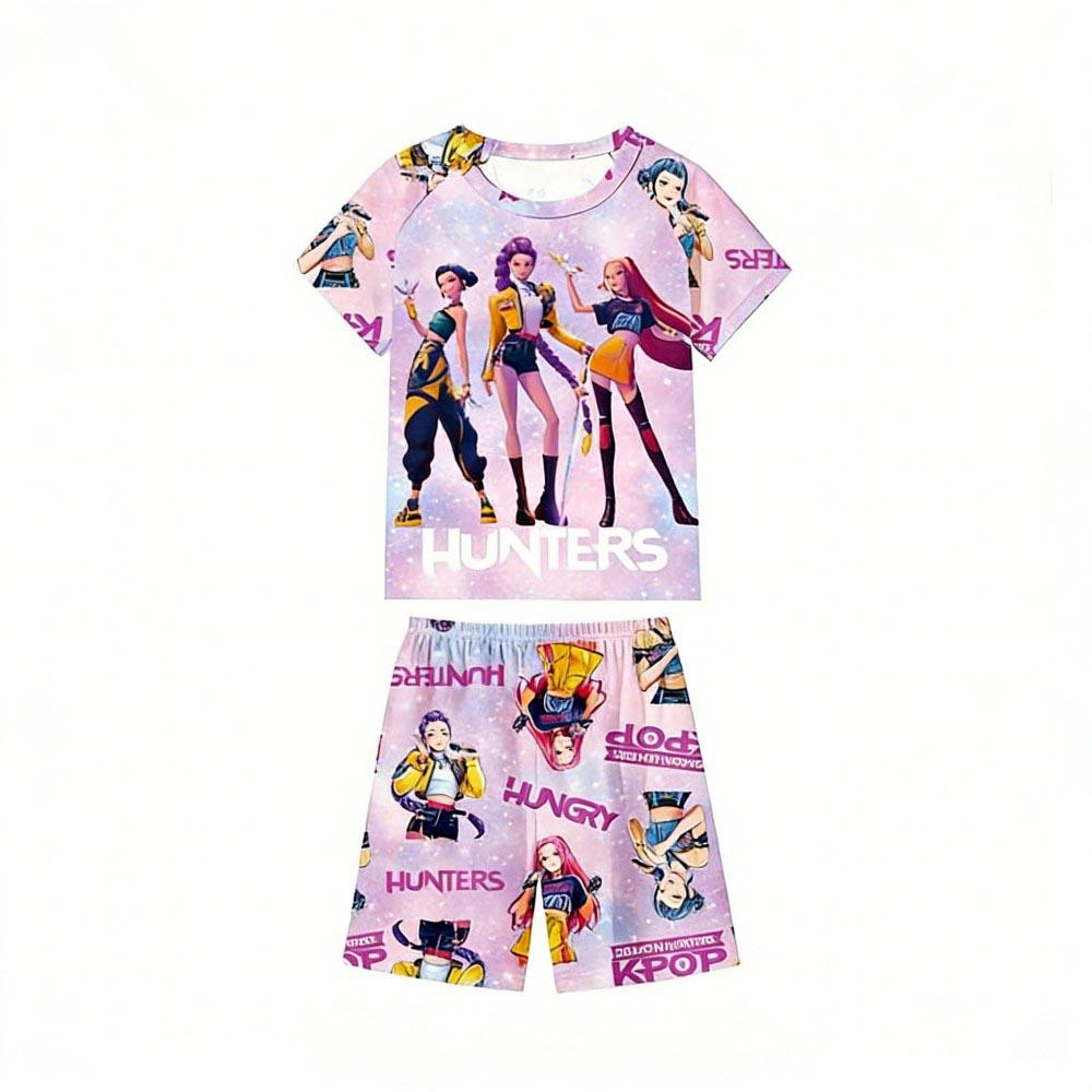 Zomer Kinder Pyjamaset Kpop Demon Hunters Bedrukt Kinder O-hals Korte Mouw Tops Shorts 2 Stuks Zomer Meisjes Casual T-shirt Sets
