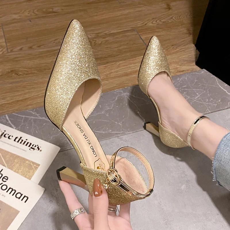 Fashion ZOKI Bling Gold Silver Women's Pumps 2024 Sexy Point Toe Thin Heel Party Wedding Shoes Woman Summer Ankle Strap High Heels Shoes